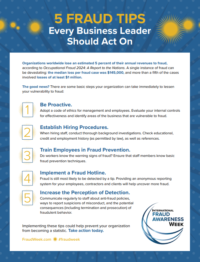 5 Fraud Tips Ever Business Leader Should Act On - Fraud Awareness Week graphic